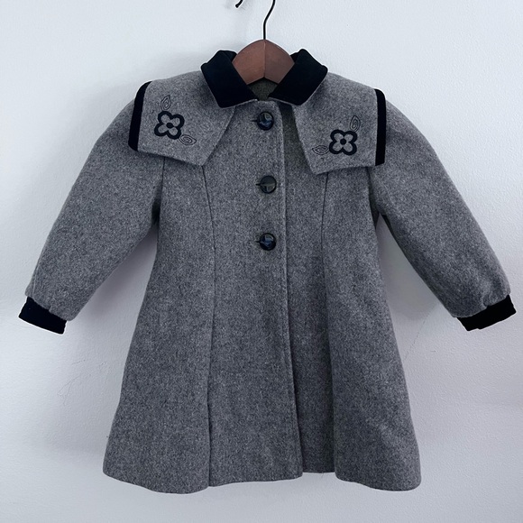 Rothschild Vintage 80’s Gray w/ Black Embroidery Girls Wool Pea Coat Size 4 (S)